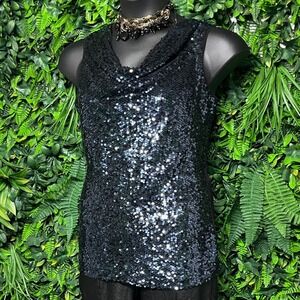 Calvin Klein Top‎ Medium Black Blue Sequins Sleeveless Cowl Neck Party Tank 2884